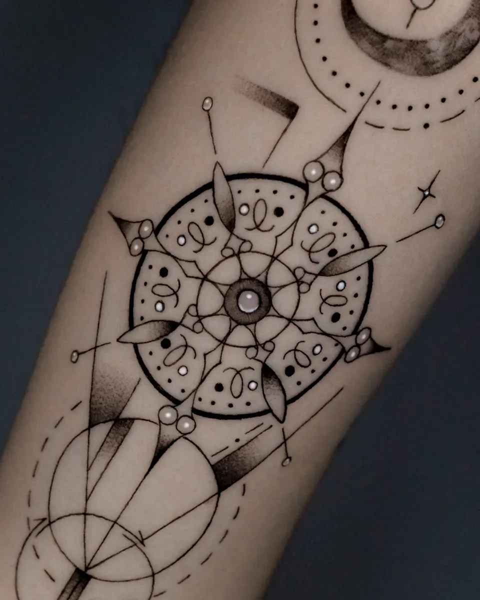 나침반 기하학 라인타투 블랙워크