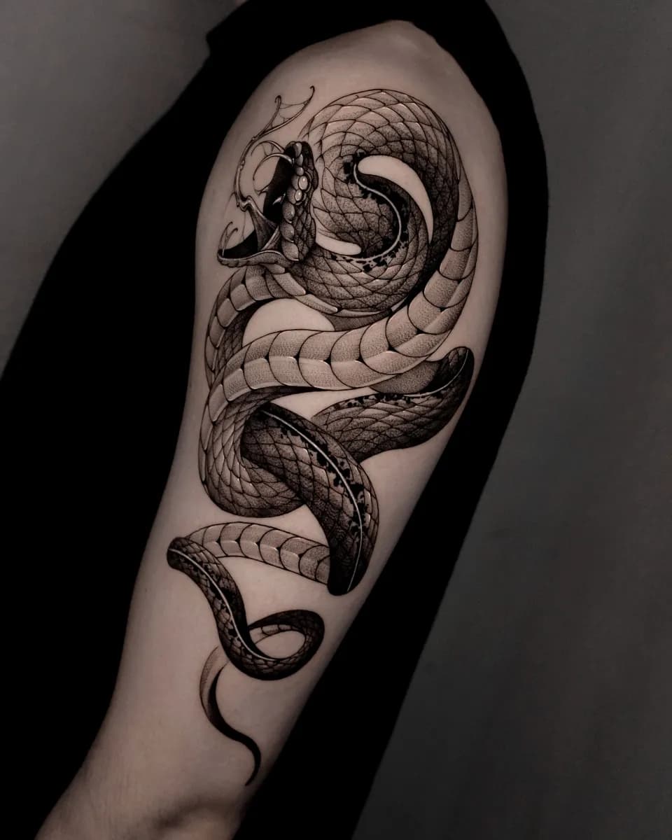 어깨 뱀 블랙워크 타투 - 1
