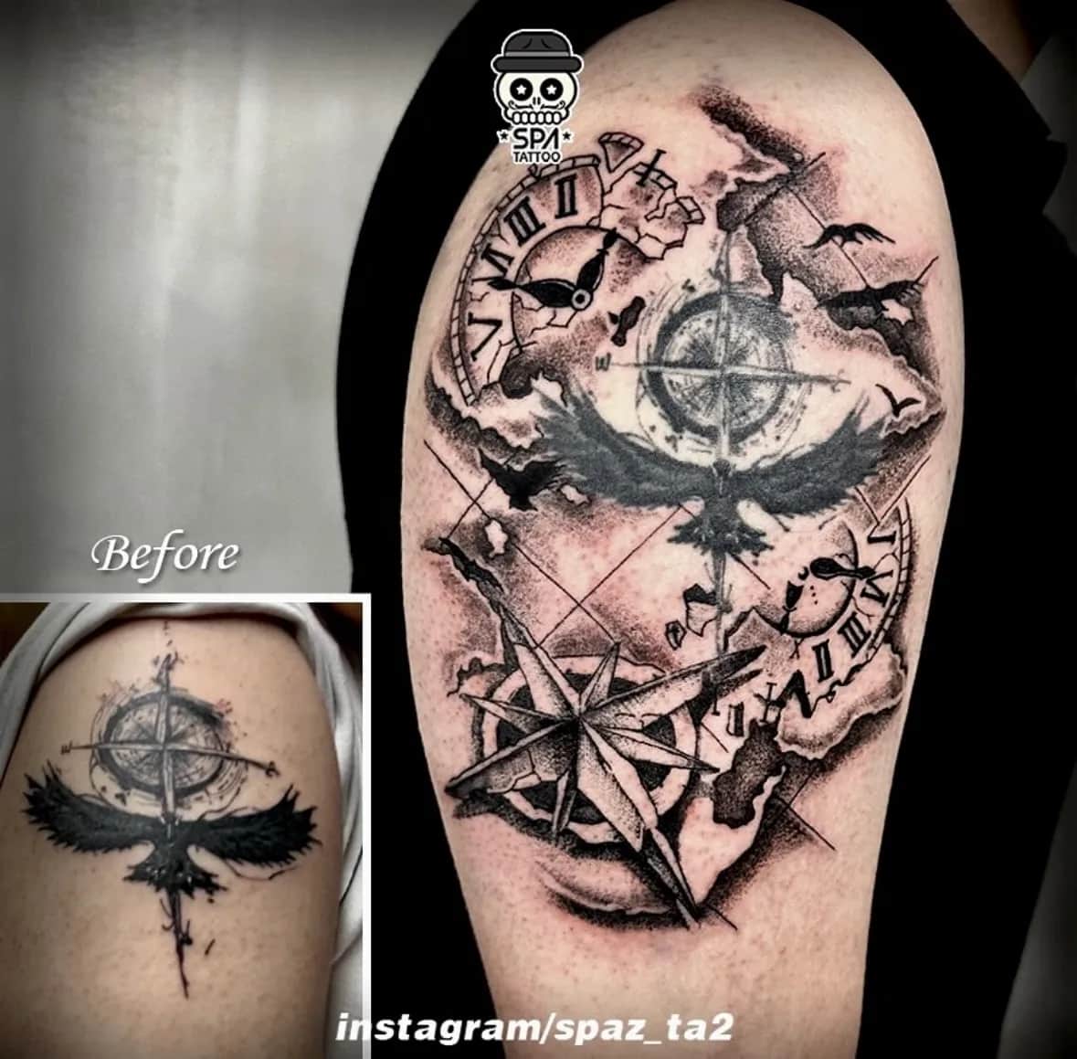 커버업 나침반 지도 타투