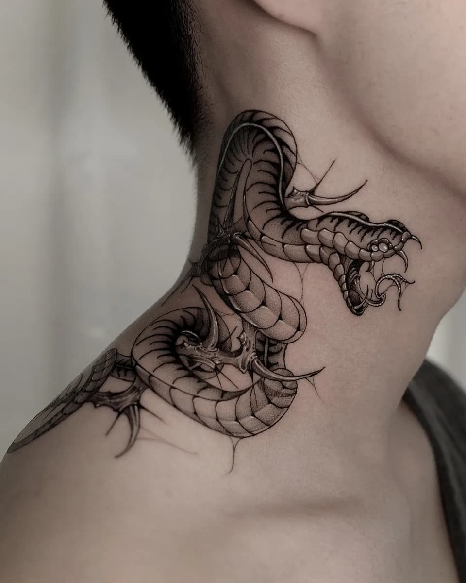 옆목 뱀 가시 블랙워크 타투 - 1