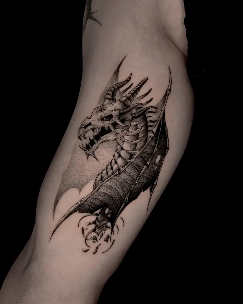 드래곤 용 해골 블랙워크 타투 - 1