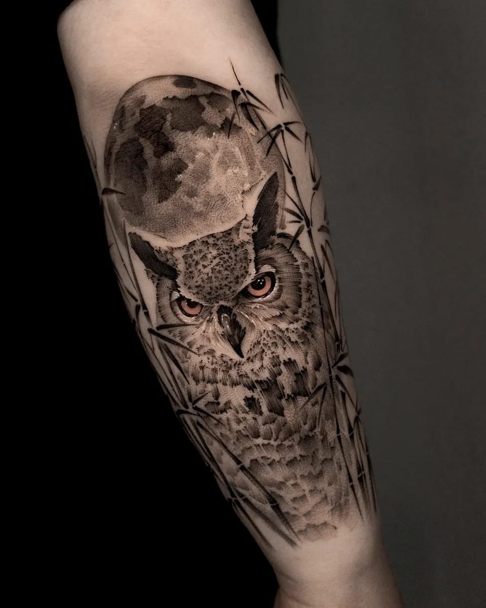 부엉이 대나무 달 블랙워크 타투