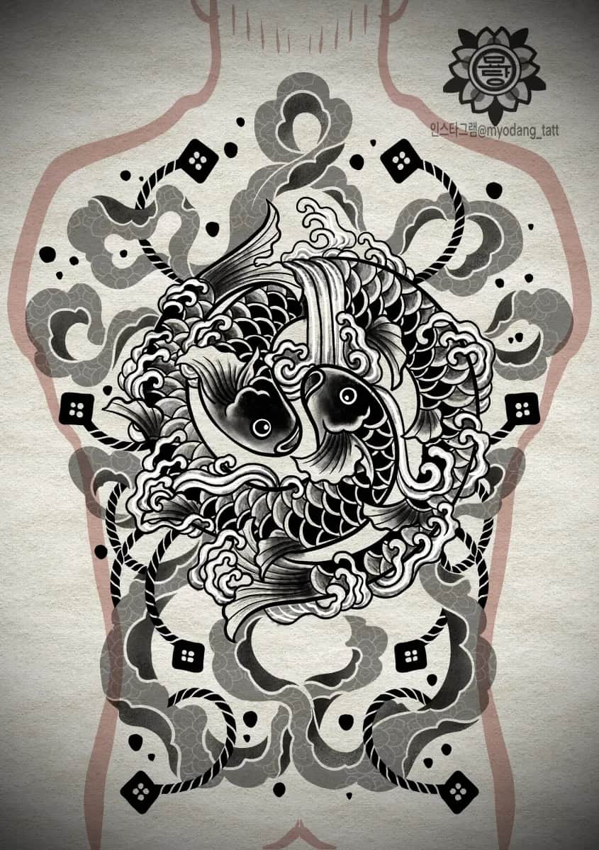 묘당타투 등 한판 잉어