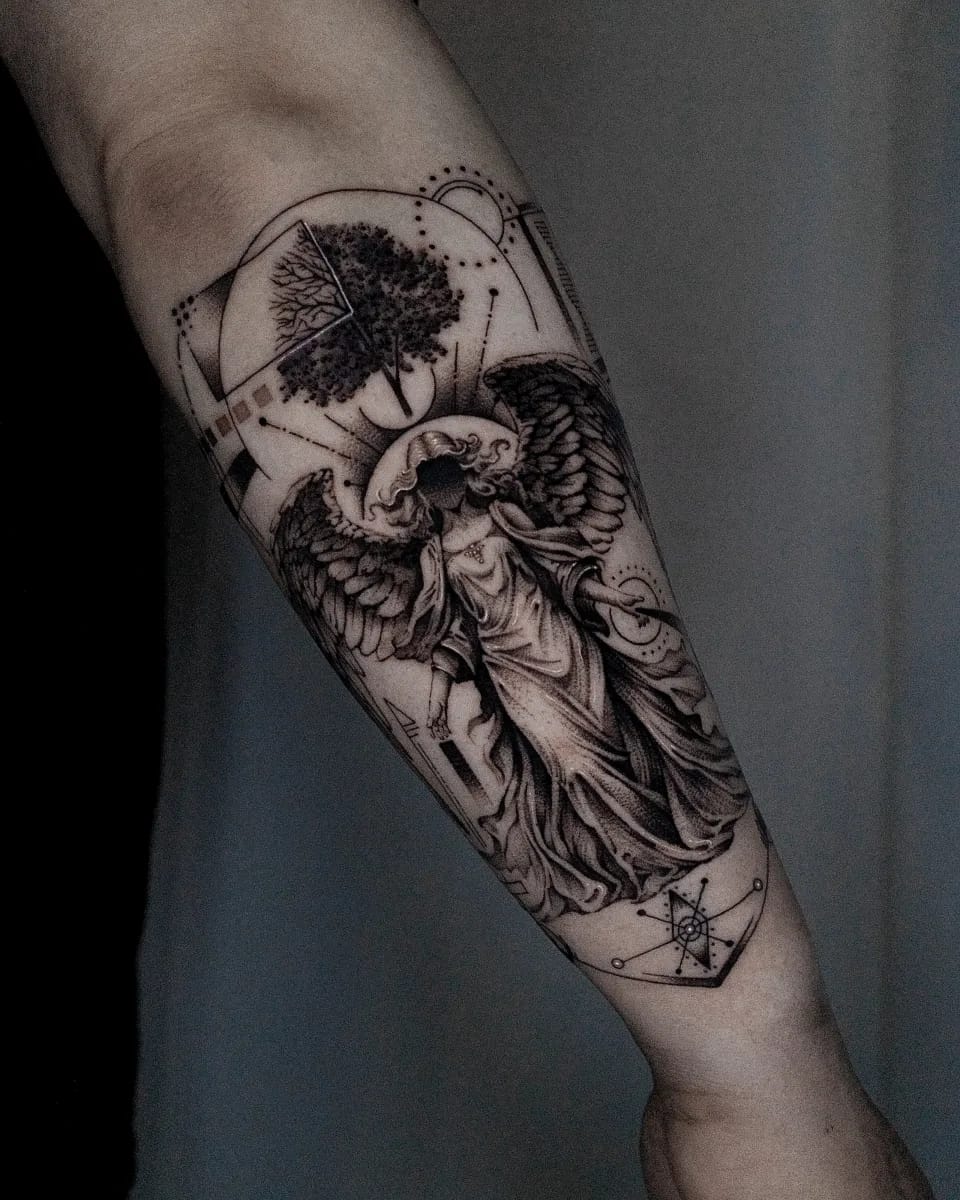 천사 기하학 라인타투 블랙워크