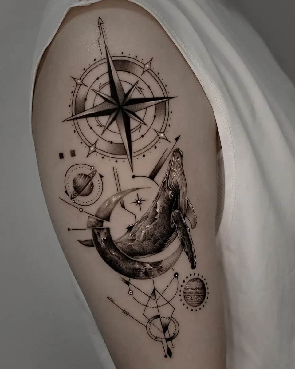 고래 우주 나침반 기하학 블랙워크 라인타투