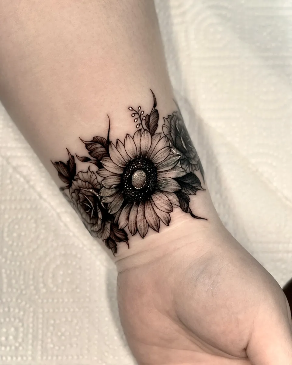 손목 꽃 커버업 블랙워크 타투 - 1