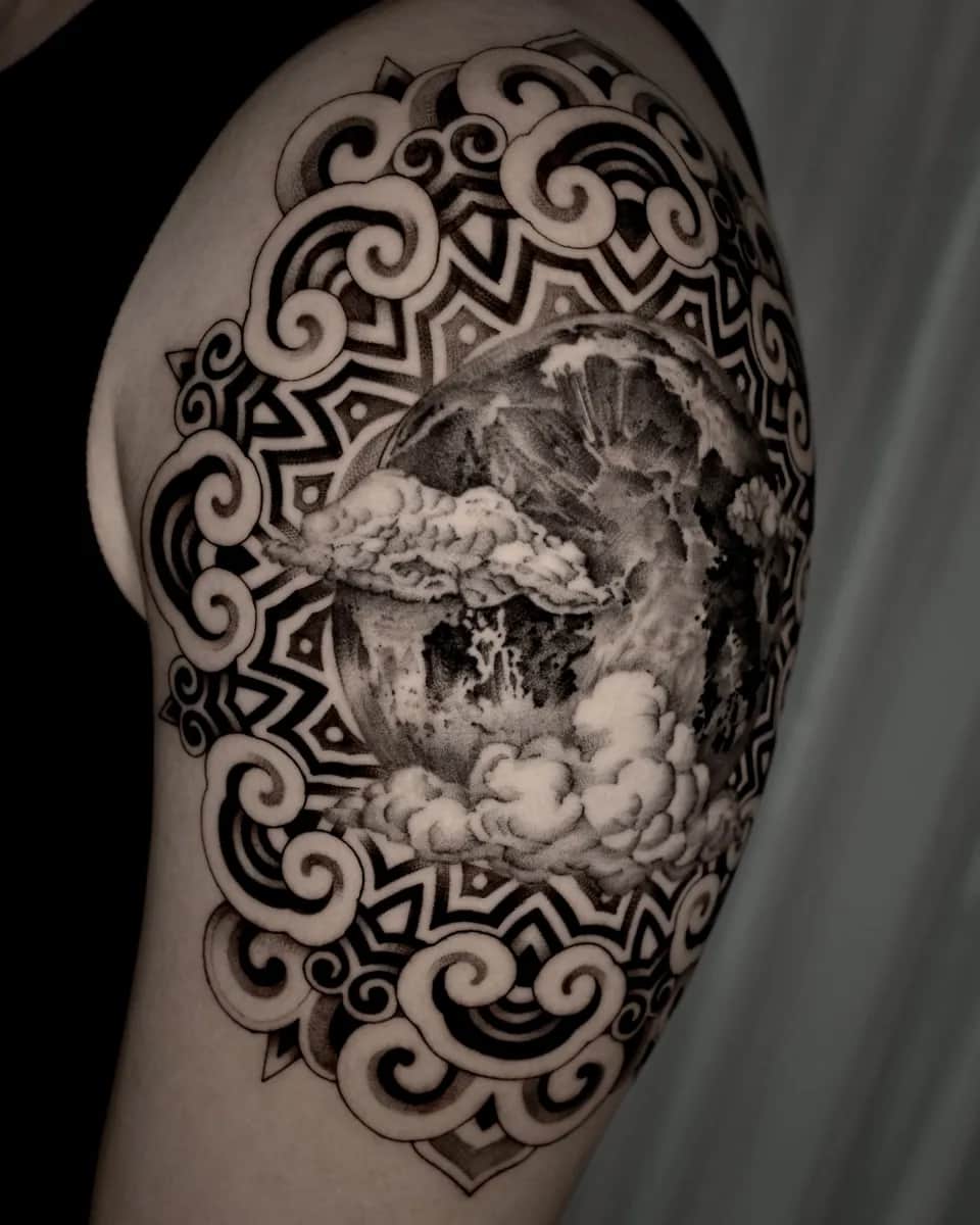 달 구름 만다라 단청패턴 블랙워크 타투