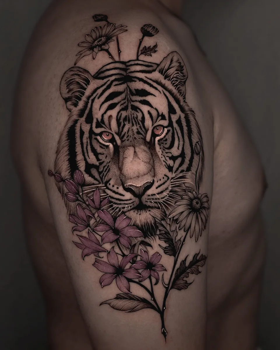 호랑이 가족 탄생화 블랙워크 타투 - 1