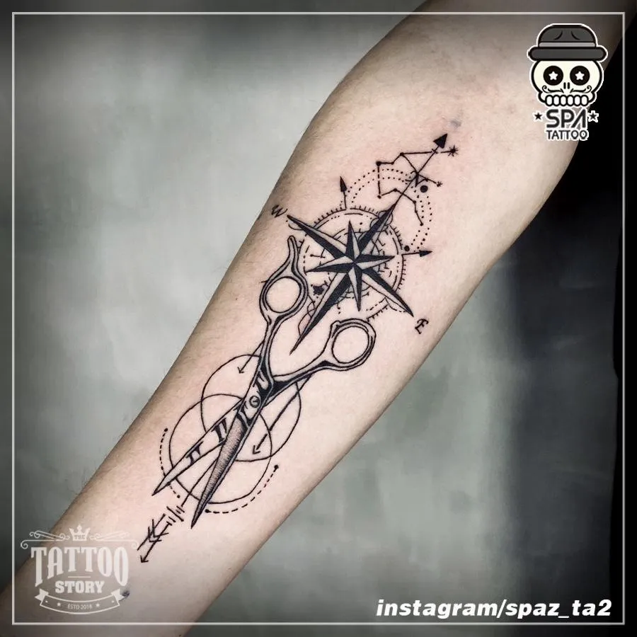 나침반 헤어 가위 타투 - 1