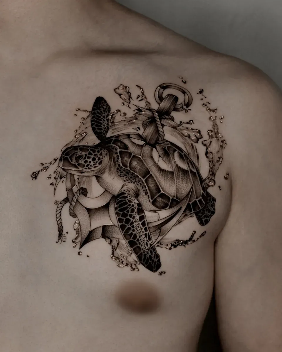 거북이 닻 해군 군인타투 블랙워크 - 1