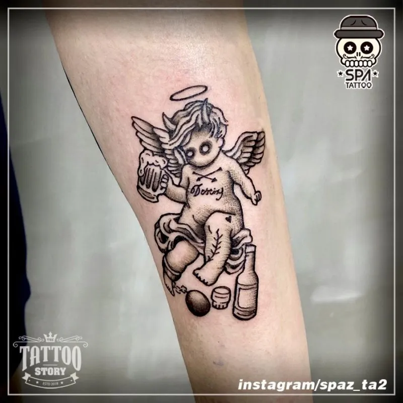 올드스쿨 술취한 천사 타투 - 1