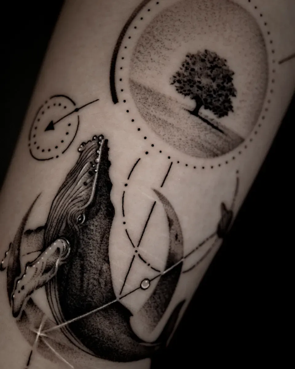 고래 기하학 풍경 블랙워크 라인타투