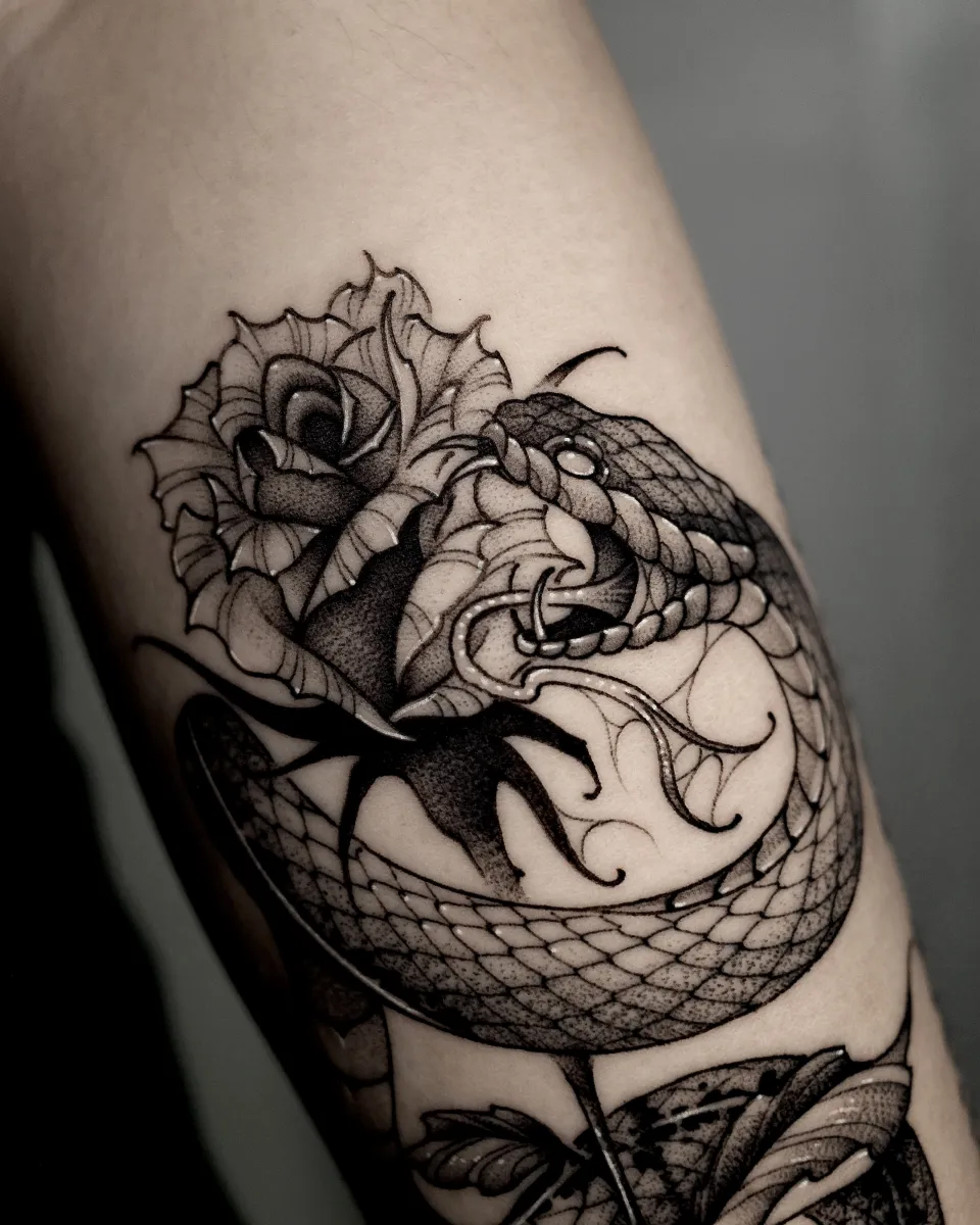 뱀 장미 블랙워 타투