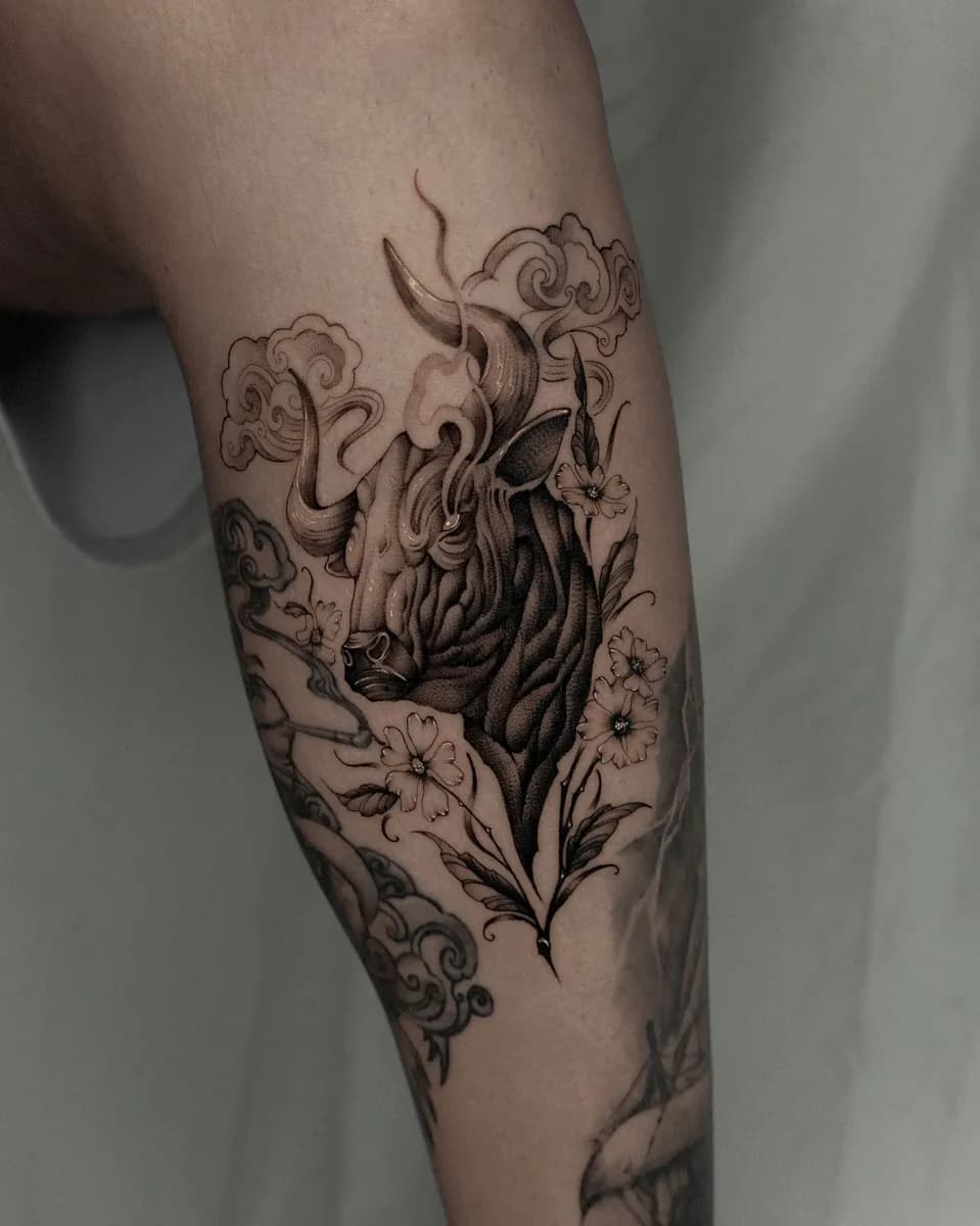 소 탄생화 블랙워크 타투 - 1