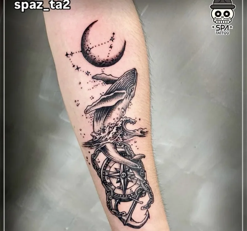고래 나침반 닻 타투 - 1