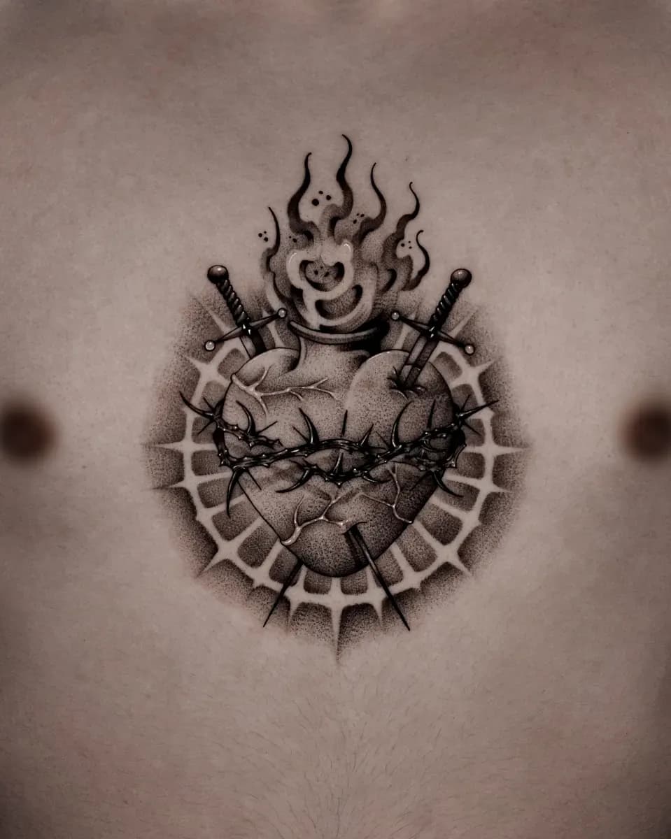 히트 칼 심장 종교 블랙워크 타투 - 1