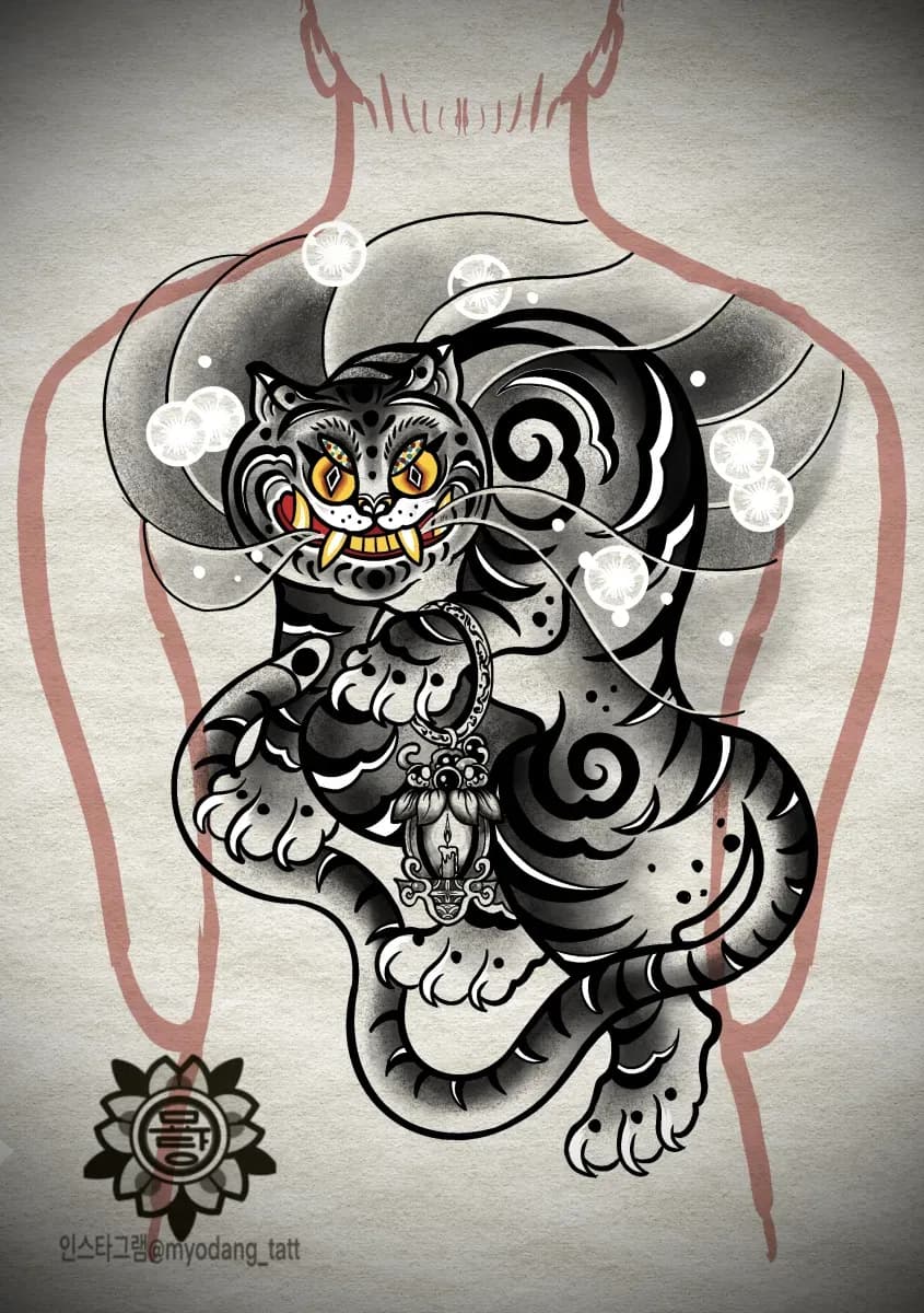 묘당 타투 등 한판 호랑이 - 1