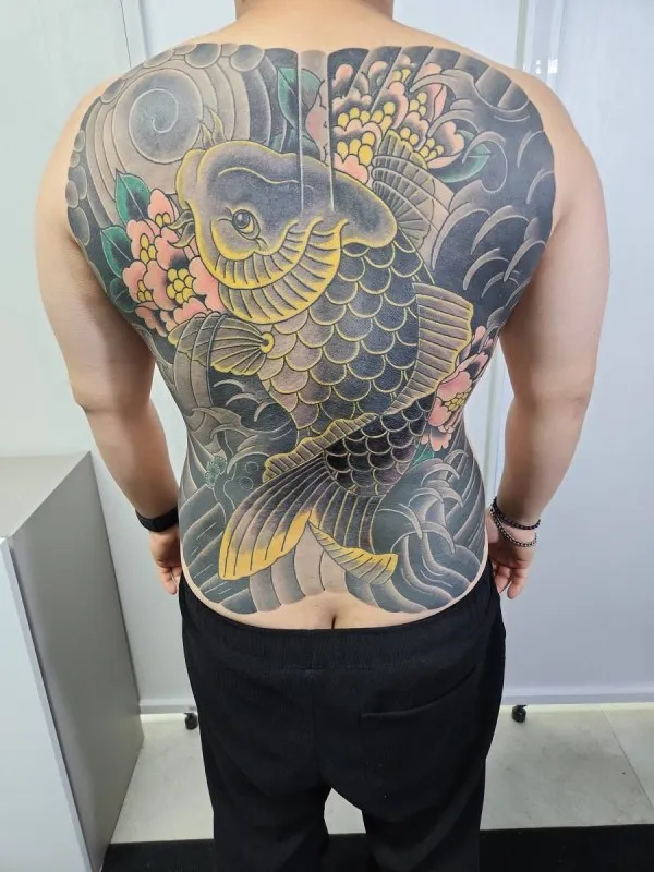 잉어등판완성, 대구등판이레즈미, 대구타투, 대구잉어타투, 대구등판타투, 대구커버업타투.