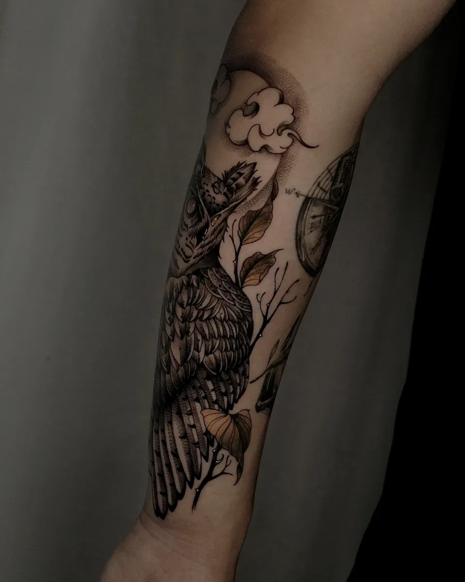 부엉이 나뭇잎 뉴스쿨 블랙워크 타투 - 1