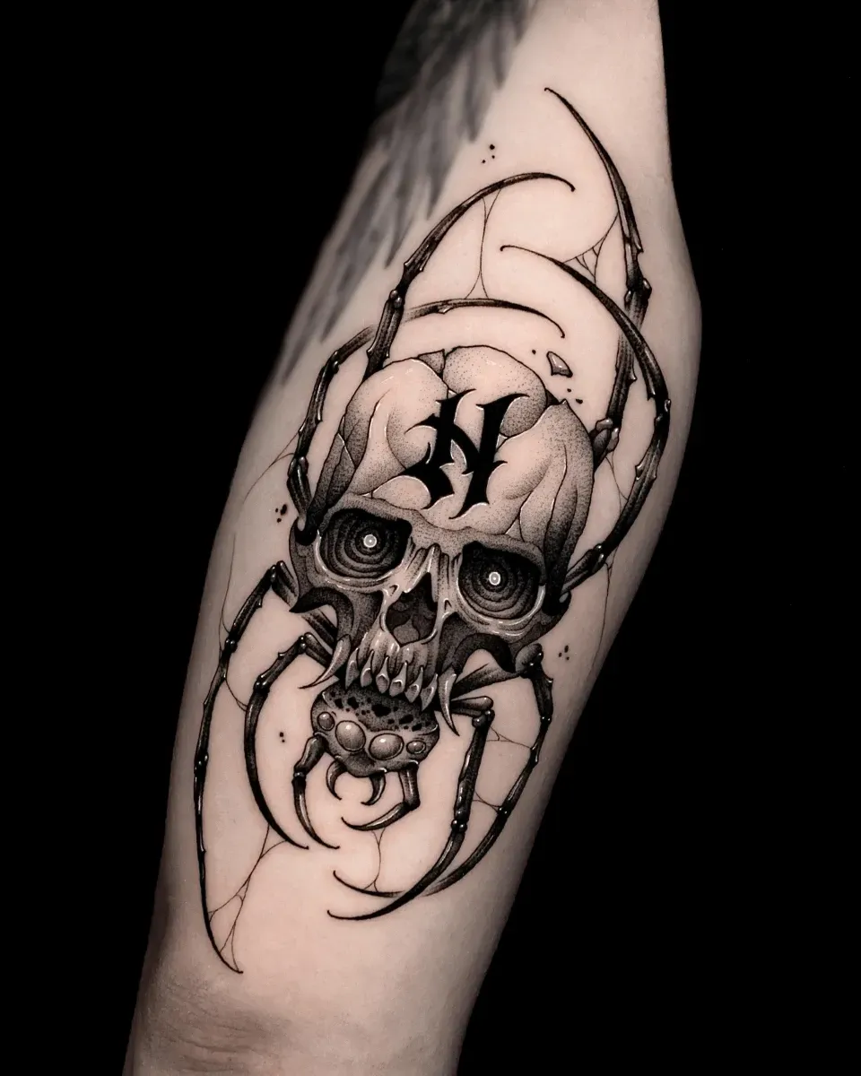 해골 거미 블랙워크 타투 - 1