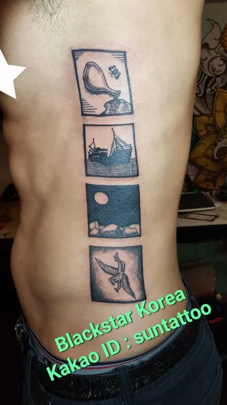 옆구리 프레임 안의 그림 타투