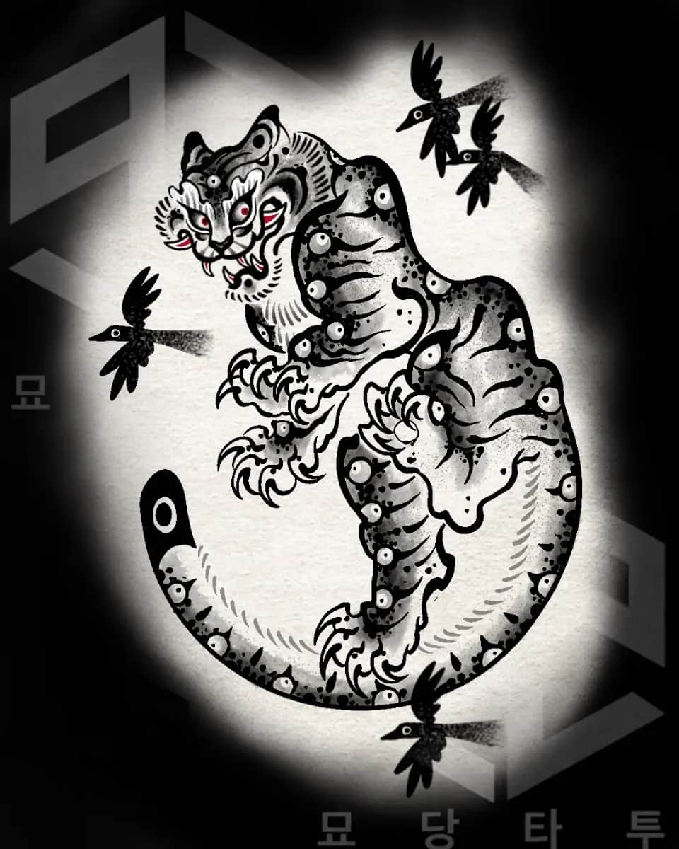 묘당타투 호랑이와 까치