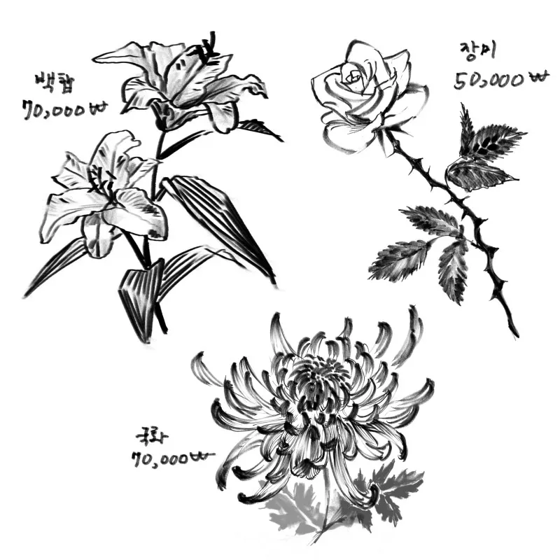 백합, 국화, 장미 동양화타투