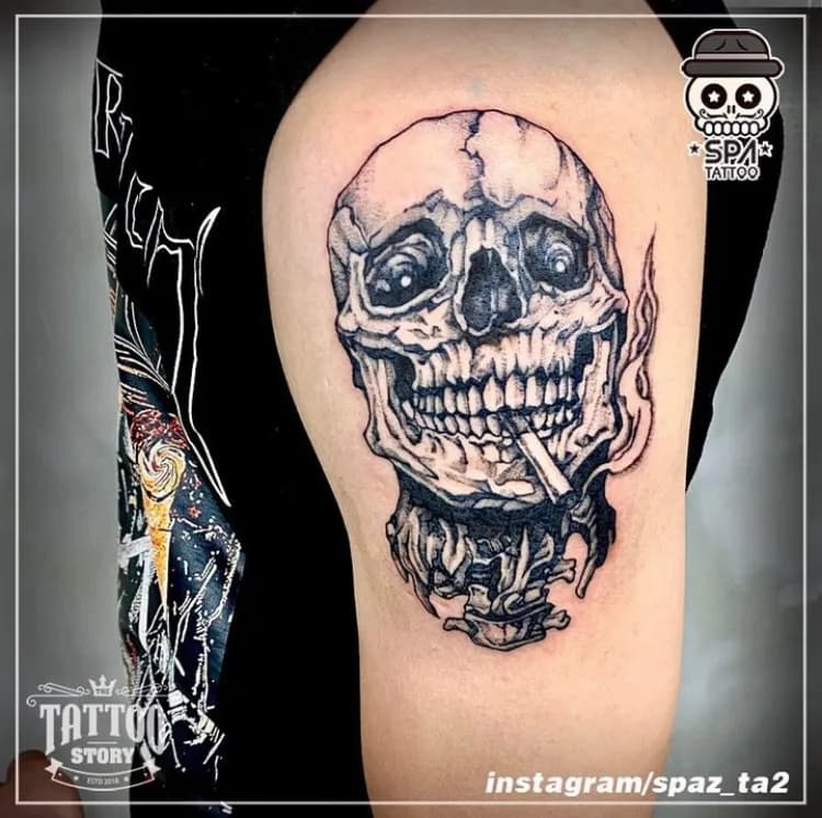 블랙워크 담배피는 해골 타투 - 1