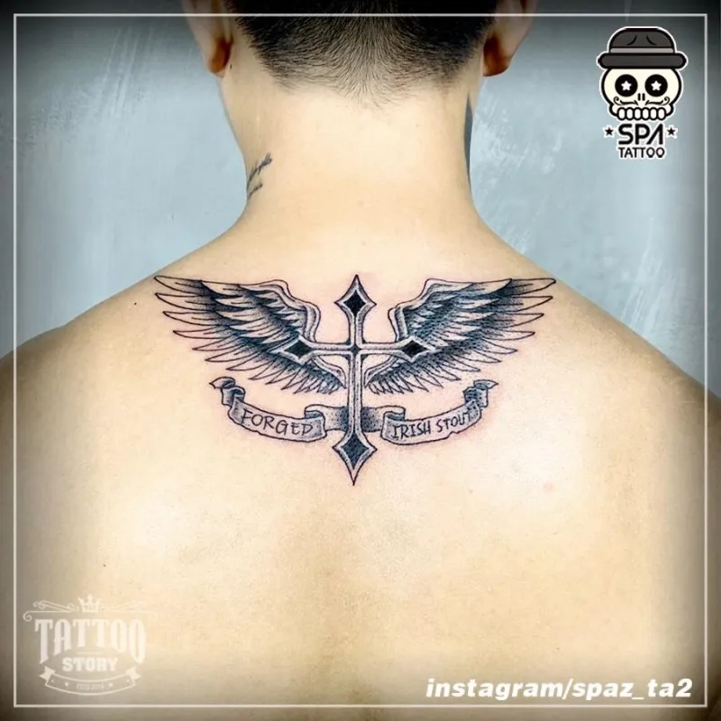 뒷목 날개 십자가 타투 - 1