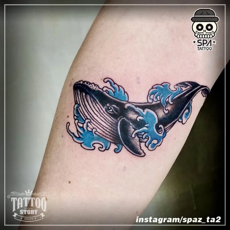 올드스쿨 고래와 파도 타투 - 1