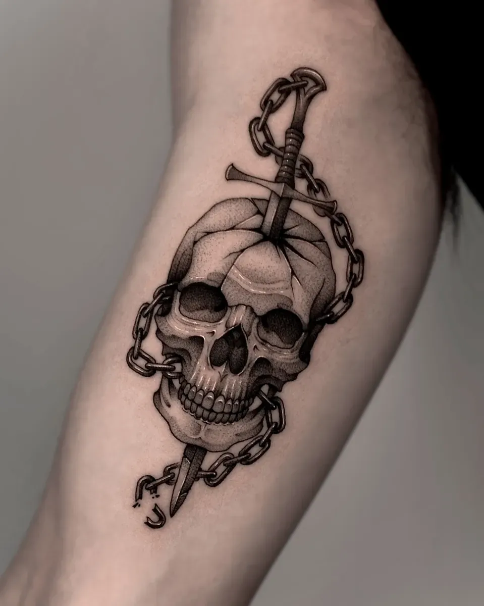 해골 칼 쇠사슬 블랙워크 타투 - 1