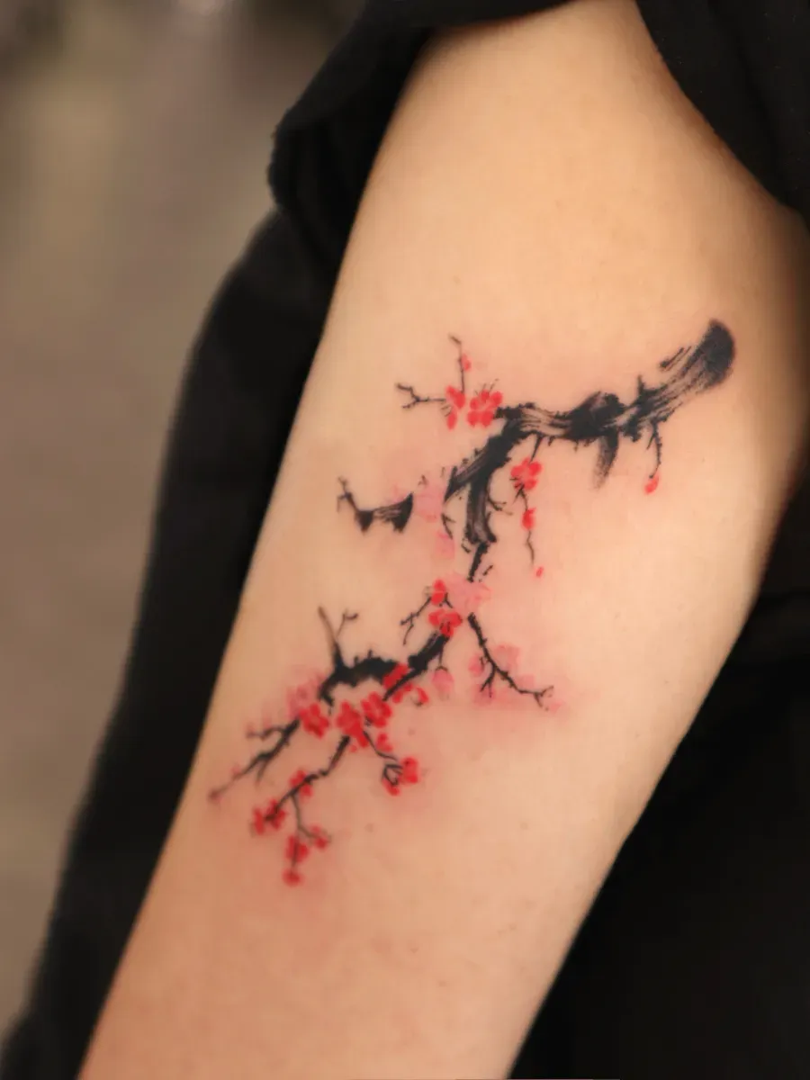매화 벚꽃 나무🤍 한국화 동양화 타투, 꽃, 나비, 붓터치, 예쁜, 감성, 자연, 나비, 추천💖 - 1
