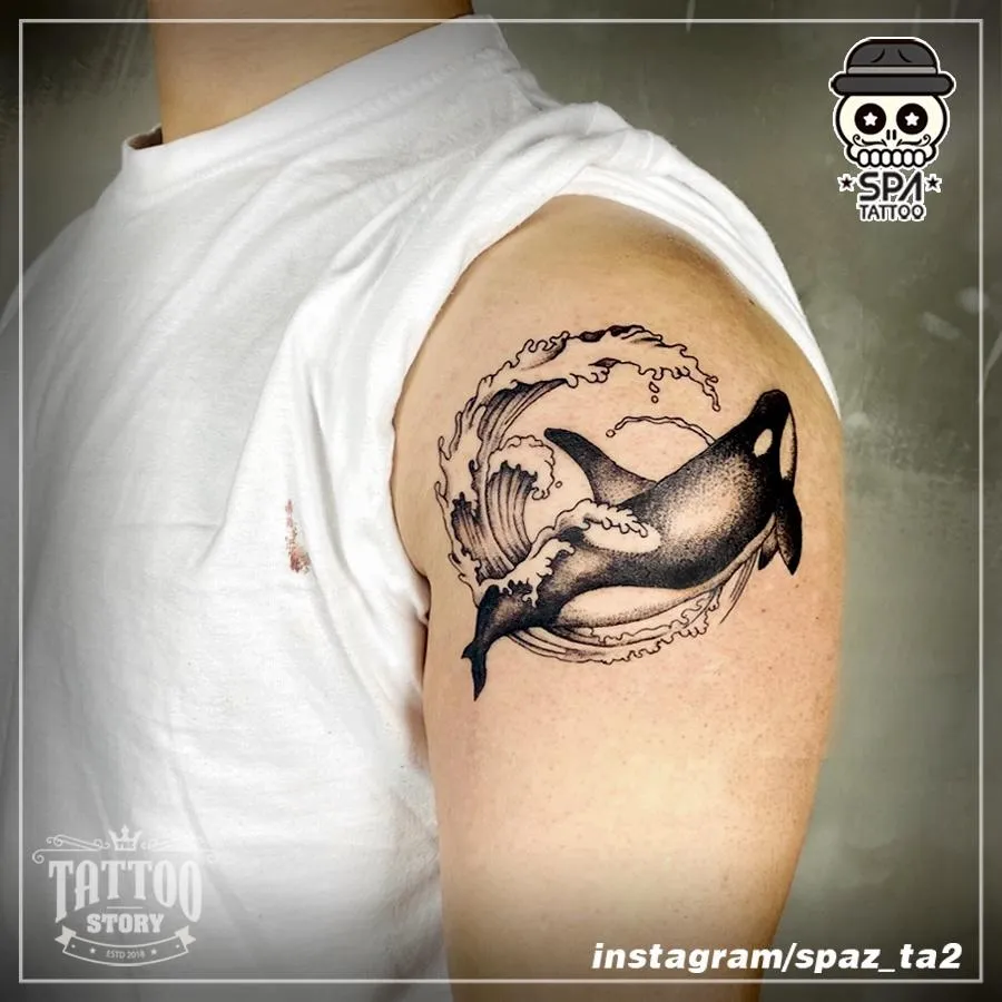 블랙워크 범고래 파도 타투 - 1